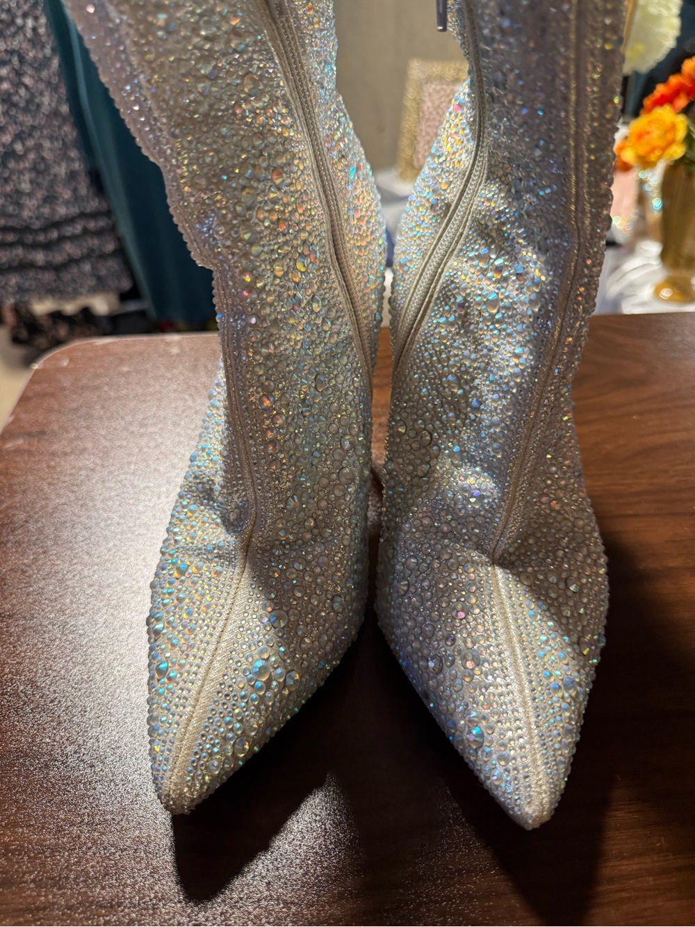 Anne Michelle Iridescent Crystal Pointed-Toe Heeled Boots - Silver